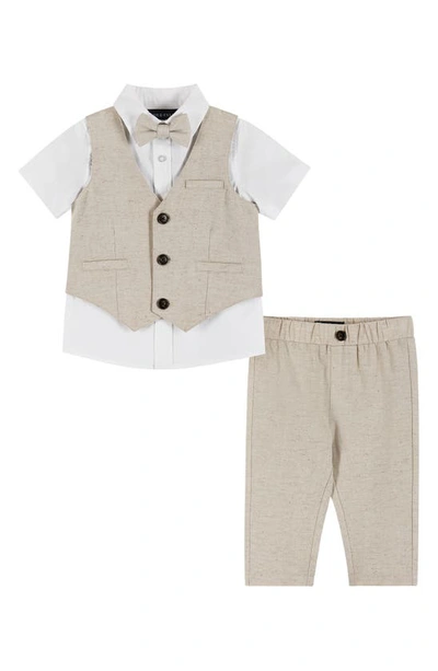 Shop Andy & Evan Short Sleeve Button-up Shirt, Vest, Pants & Bow Tie Set In Beige