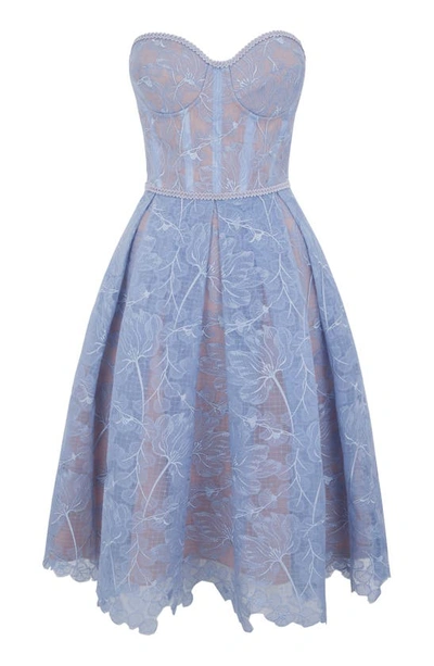 Shop Nadine Merabi Olivia Strapless Lace Dress In Blue