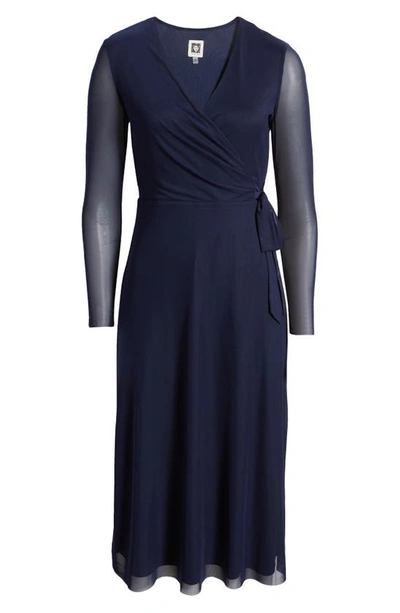 Shop Anne Klein Long Sleeve Midi Wrap Dress In Midnight Navy