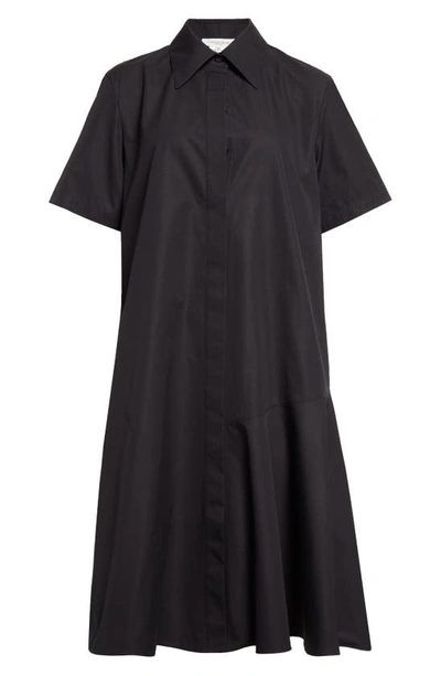 Shop Lafayette 148 New York Flounced Hem Cotton Poplin Shirtdress In Black