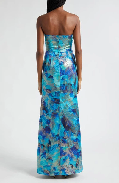 Shop Ramy Brook Carr Metallic Floral Strapless Sheath Gown In Spring Navy Floral