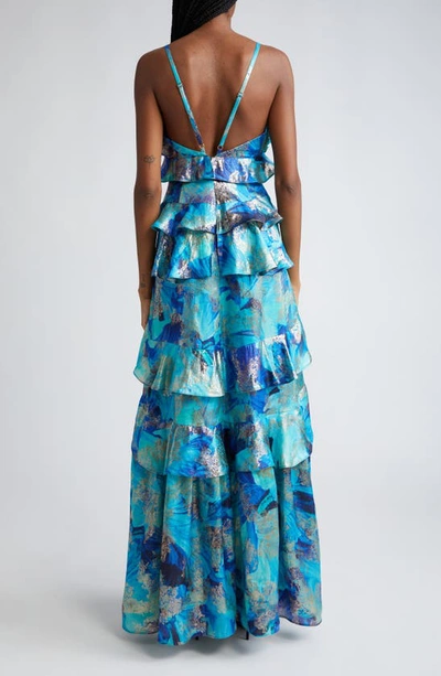 Shop Ramy Brook Harlen Metallic Floral Ruffle Gown In Spring Navy Floral