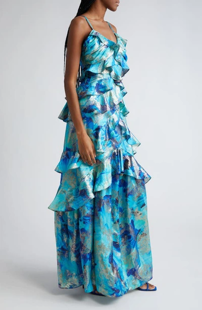 Shop Ramy Brook Harlen Metallic Floral Ruffle Gown In Spring Navy Floral