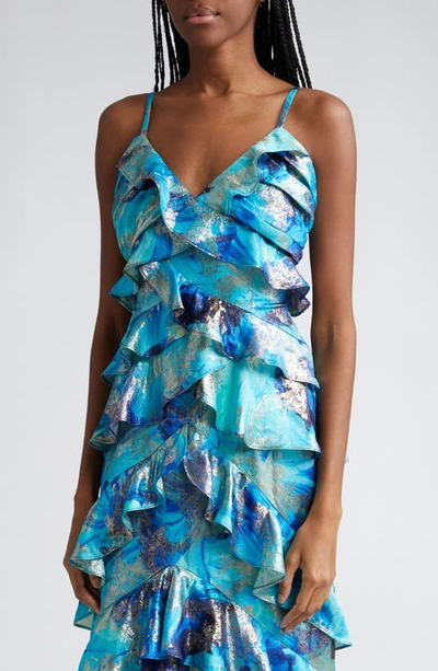 Shop Ramy Brook Harlen Metallic Floral Ruffle Gown In Spring Navy Floral