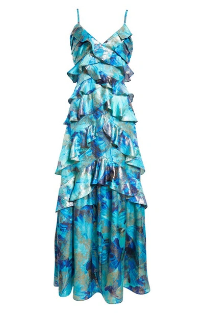 Shop Ramy Brook Harlen Metallic Floral Ruffle Gown In Spring Navy Floral