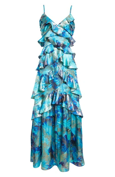 Ramy Brook Harlen Ruffle Tiered Metallic Jacquard Gown In Spring Navy Floral