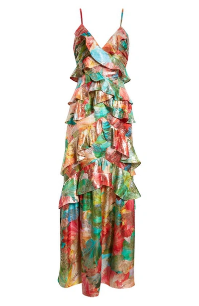 Shop Ramy Brook Harlen Metallic Floral Ruffle Gown In Tropical Orange Floral