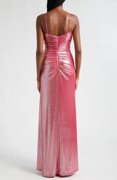 Shop Ramy Brook Kade Metallic Ruched Gown In Hottest Pink Lurex Foil