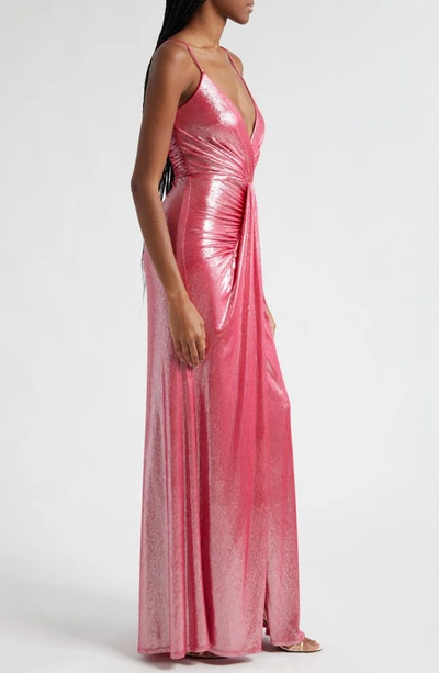 Shop Ramy Brook Kade Metallic Ruched Gown In Hottest Pink Lurex Foil
