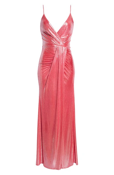 Shop Ramy Brook Kade Metallic Ruched Gown In Hottest Pink Lurex Foil