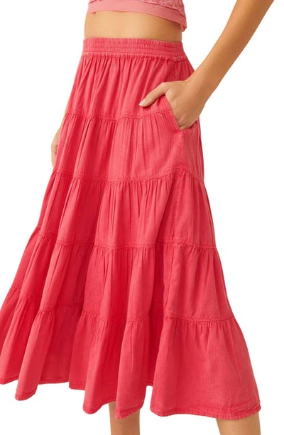 Free People Full Swing Tiered Cotton Blend Midi Skirt In Dragonfruit Sorbet