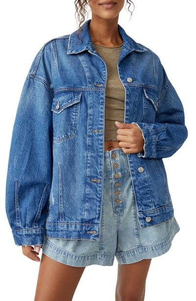 Shop Free People All In Oversize Distressed Denim Trucker Jacket In Touch The Sky