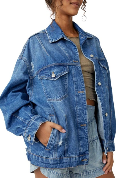 Shop Free People All In Oversize Distressed Denim Trucker Jacket In Touch The Sky