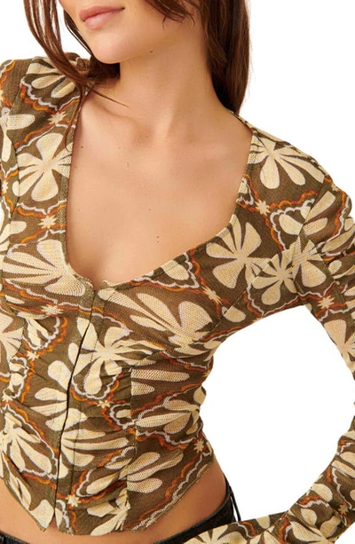 Free People Through The Meadow Ruched Mesh Top In Dried Basil Combo