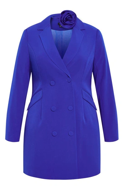 Shop City Chic Serena Long Sleeve Blazer Minidress With Rosette Neck Tie In Deep Blue