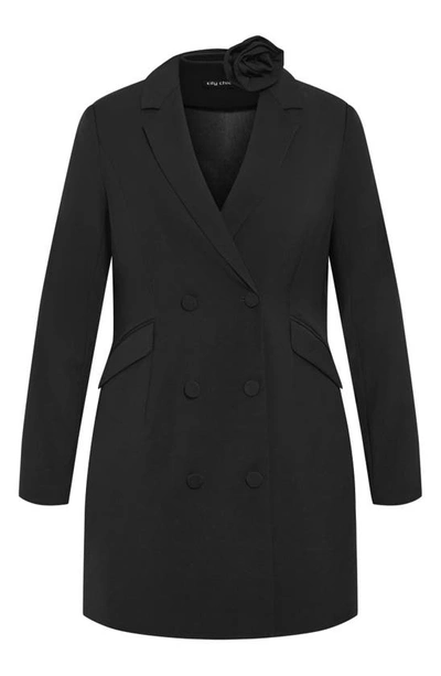 City Chic Serena Long Sleeve Blazer Minidress With Rosette Neck Tie In Black