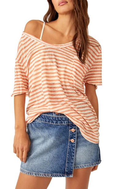 Shop Free People All I Need Stripe Linen & Cotton T-shirt In Grapefruit Seltzer