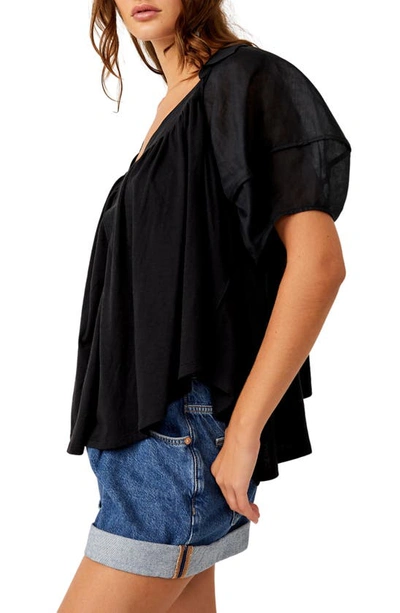 Free People Sunray Mixed Media Cotton Jersey Babydoll Top In Black