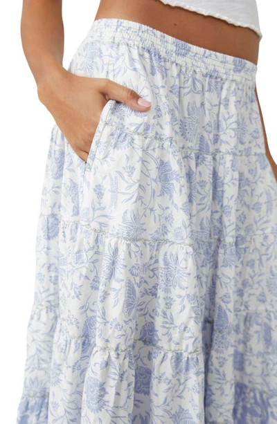 Shop Free People Full Swing Floral Border Detail Cotton Blend Midi Skirt In Blue Heron Combo
