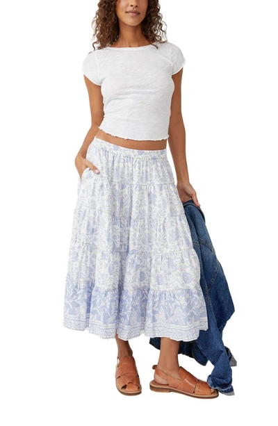 Shop Free People Full Swing Floral Border Detail Cotton Blend Midi Skirt In Blue Heron Combo