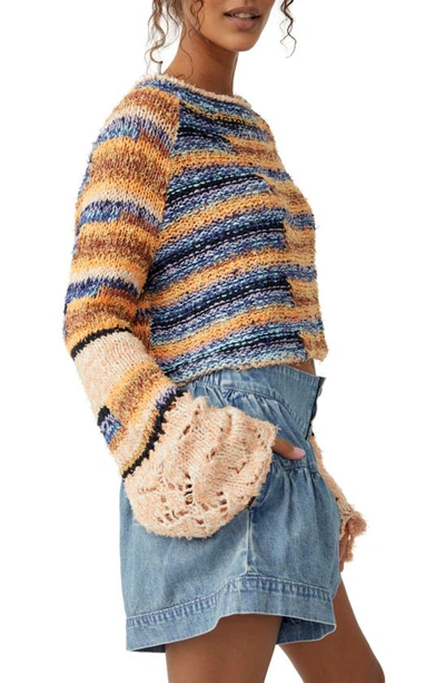 Shop Free People Butterfly Mixed Stripe Cotton Blend Sweater In Blue Honey Combo