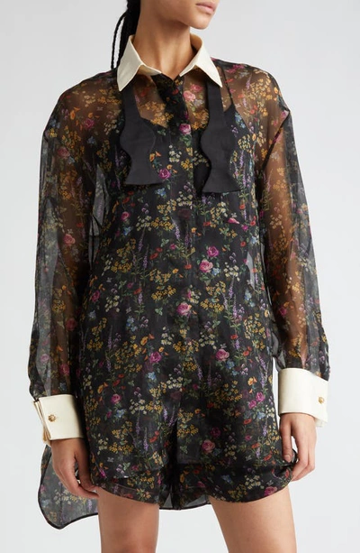 Shop Max Mara Marocco Floral Print Silk Organza Shirt With Bow Tie In Black