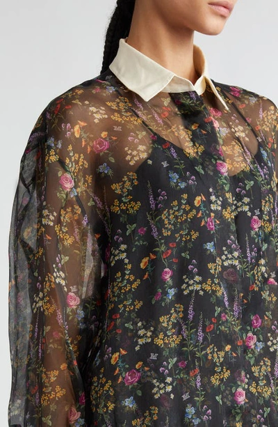 Shop Max Mara Marocco Floral Print Silk Organza Shirt With Bow Tie In Black