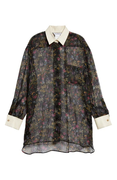 Shop Max Mara Marocco Floral Print Silk Organza Shirt With Bow Tie In Black