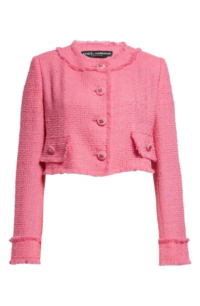 Dolce & Gabbana Rachel Collarless Crop Tweed Jacket In Rosa