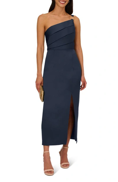 Shop Adrianna Papell Pleat One-shoulder Crepe Cocktail Dress In Dark Navy