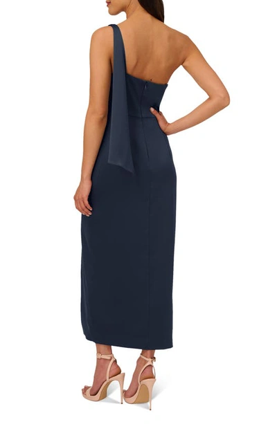 Shop Adrianna Papell Pleat One-shoulder Crepe Cocktail Dress In Dark Navy