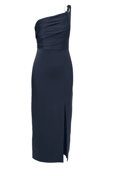 Shop Adrianna Papell Pleat One-shoulder Crepe Cocktail Dress In Dark Navy