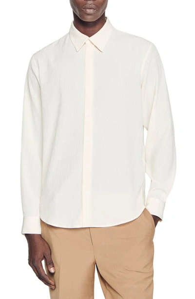 Shop Sandro Plissé Long Sleeve Button-up Shirt In Ecru