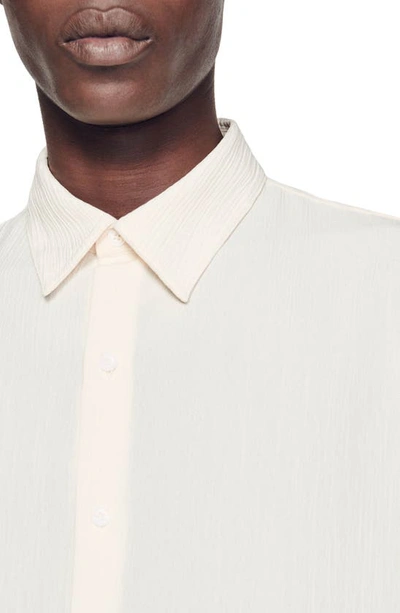 Shop Sandro Plissé Long Sleeve Button-up Shirt In Ecru