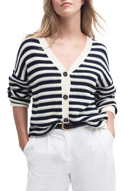 Shop Barbour Sandgate Stripe Cotton V-neck Cardigan In Navy Multi Stripe