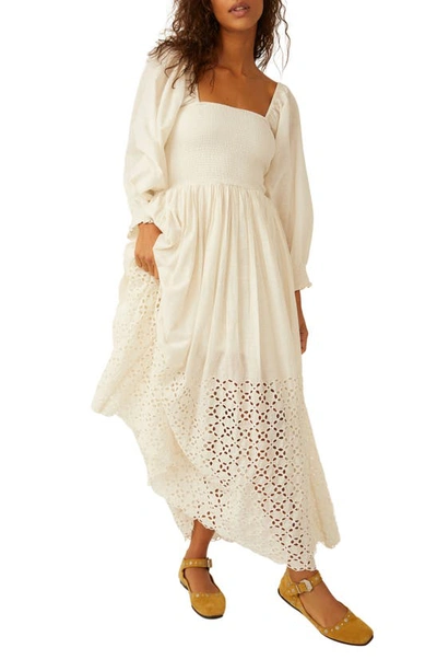 Shop Free People Perfect Storm Smocked Eyelet Long Sleeve Maxi Dress In Tea