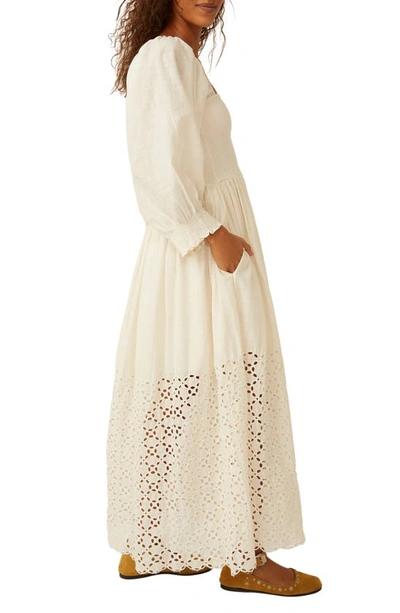 Free People Perfect Storm Smocked Eyelet Long Sleeve Maxi Dress In Tea