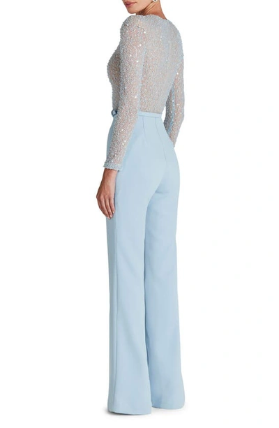 Shop Nadine Merabi Misha Beaded Long Sleeve Wide Leg Jumpsuit In Light Blue