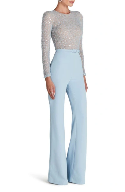 Shop Nadine Merabi Misha Beaded Long Sleeve Wide Leg Jumpsuit In Light Blue