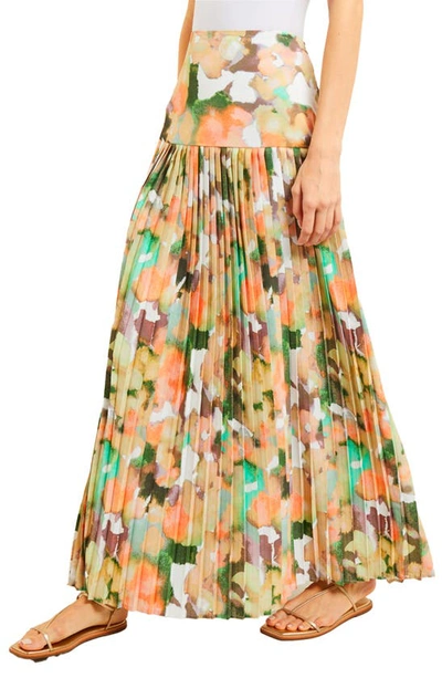 Shop Misook Floral Pleated Maxi Skirt In Clvr/grn/mul