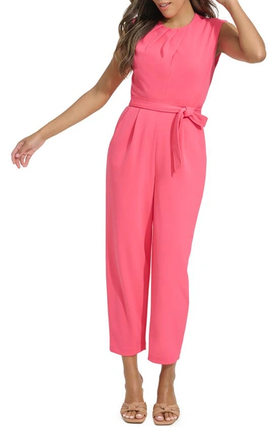 Shop Calvin Klein Pleated Neck Sleeveless Tie Waist Jumpsuit In Rosebud