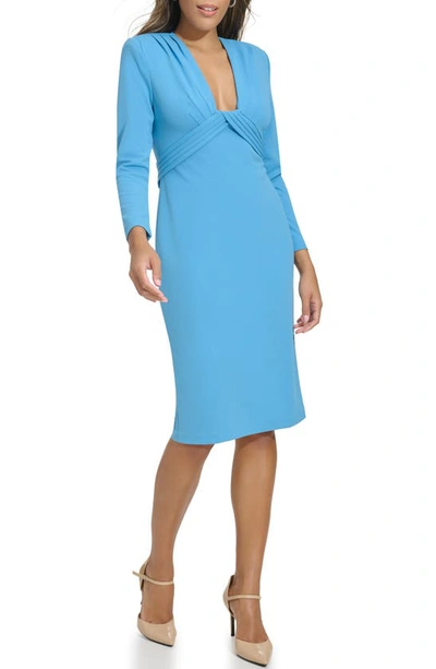 Shop Calvin Klein Pleated Plunge Neck Sheath Dress In Steel Blue