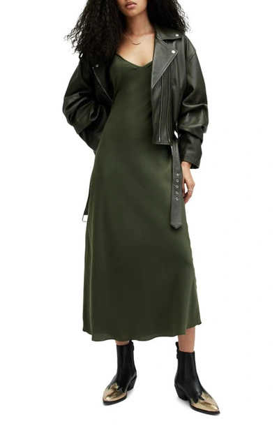 Allsaints Bryony V-neck Midi Slip Dress In Forest Green