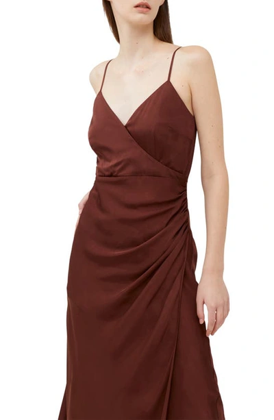 Shop French Connection Ennis Ruched Satin Faux Wrap Midi Dress In Chocolate Fondant
