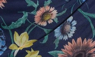 Shop Anne Klein Floral Faux Wrap Mesh Midi Dress In Navy Multi