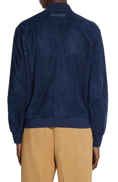 Shop Zegna Suede Bomber Jacket In Blu Ciano