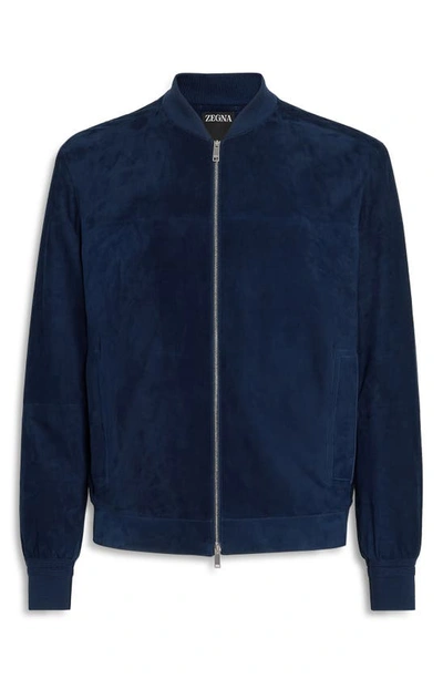 Shop Zegna Suede Bomber Jacket In Blu Ciano