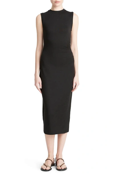 Shop Vince Side Ruched Sleeveless Knit Midi Dress In Black