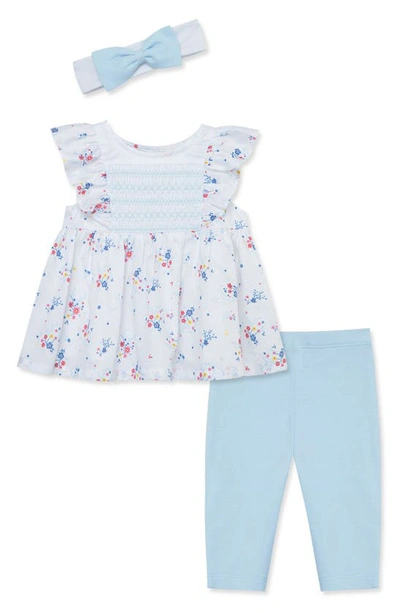 Shop Little Me Smocked Floral Top, Leggings & Headband Set In Blue