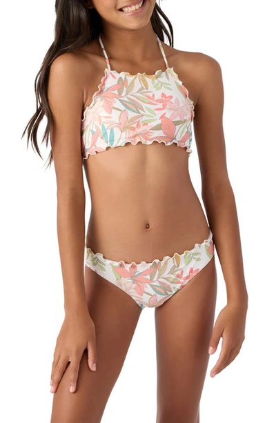Shop O'neill Kids' Dalia Ruffle Floral Two-piece Swimsuit In Vanilla